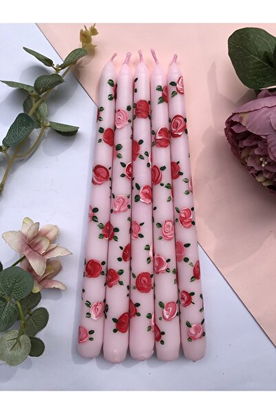 Elif Design Pembe Üzeri Gül Desenli El Çizimi Konik Şamdan Mumu Güllü Mum (1 ...