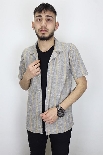 HACKER DENIM Fistan Store Men's Gray Mercerized Cotton Patterned Sports Fit Comfortable Fit Summer Short Sleeve Shirt