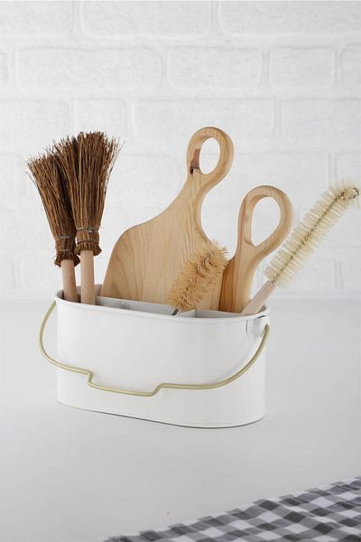 ANJEAHOME Olathe Galvanized - 4 Compartments White and Antique Gold Handle Basket Spoon Holder 28X14X13 cm