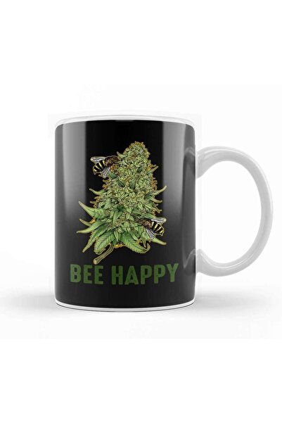 Baskı Dükkanı Bee Happy Cannabis Weed Marijuana Kupa Bardak Porselen