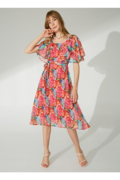 Selen Bisiklet Yaka Emprime Pembe Standart Kadın Elbise 23YSL7268