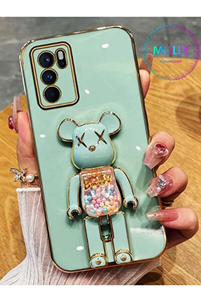 Molly Technology Oppo A16 İçin Su Yeşili Bearbrick Standlı Kenarları Gold Det...