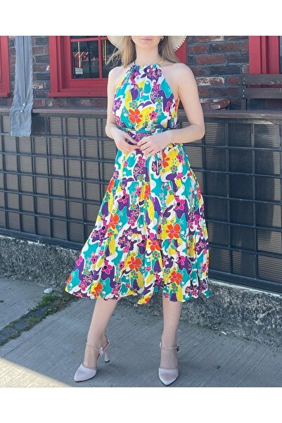 ROSE TML Halter Collar Flower Pattern Dress