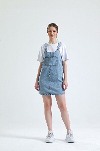 SHEVEGA Buz Mavi Salopetli Denim Tulum Etek