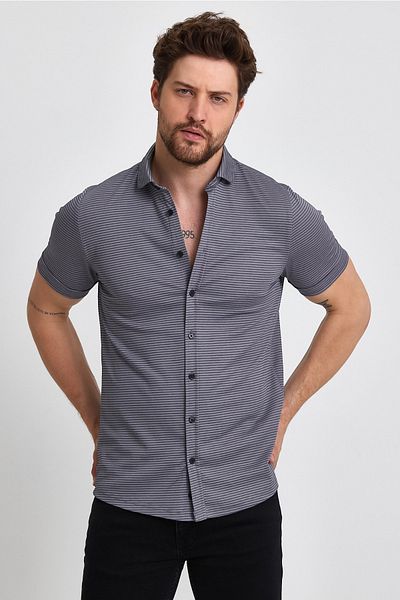VERDONE Stripe Detailed Short Sleeve Premium Quality Anthracite Shirt