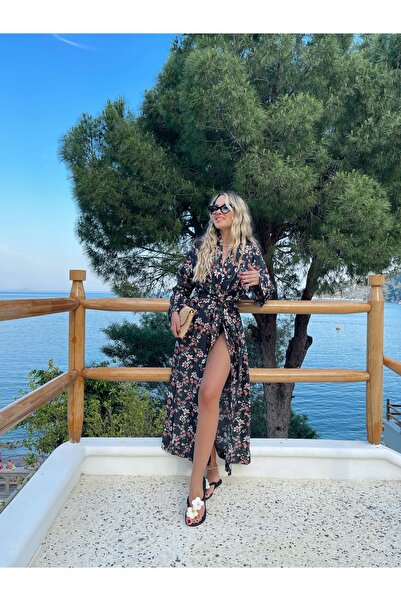 Valle Fashion Floral Özel Tasarım Uzun Işıltılı Kuşaklı Kimono