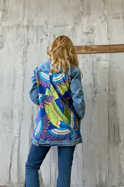 poupee Jachetă lungă de blugi de damă cu broderie pe spate, imprimeu papagal, jachetă de blugi de sezon, paltoane de blugi