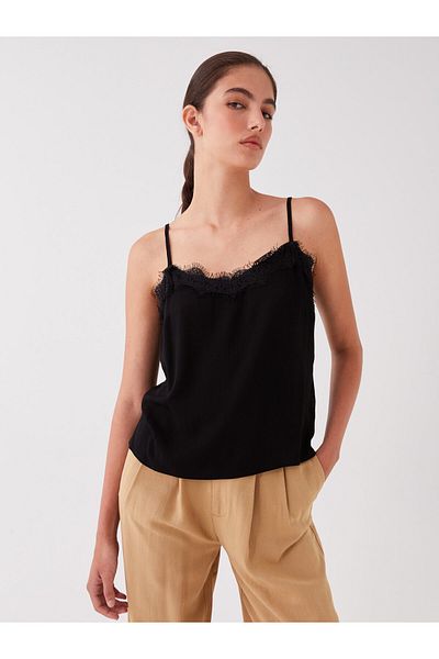 LC Waikiki Damenbluse aus Viskose mit U-Ausschnitt, Spitze und detaillierten Riemchen