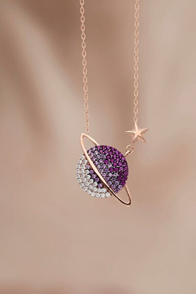 KAR DİAMOND 925 Ayar Gümüş Zincirli Rose Kaplama Kızıl Renk Geçişli Gezegen S...