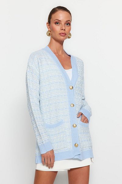 Trendyol Collection Hellblauer, weiter Strickcardigan in Tweed-Optik mit Glitzer TWOAW21HI0250