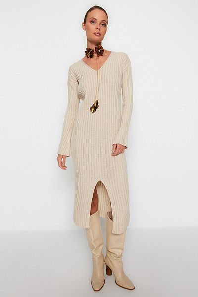 Trendyol Collection Πέτρινο Μίντι Πλεκτό Φόρεμα με V λαιμόκοψη TWOAW24EL00066