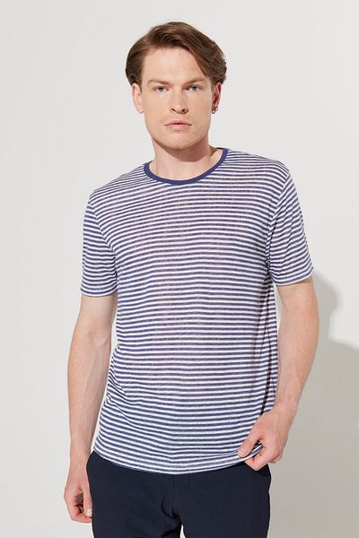 ALTINYILDIZ CLASSICS Schmal geschnittenes, schmal geschnittenes, gestreiftes Herren-T-Shirt in Weiß und Marineblau mit Rundhalsausschnitt