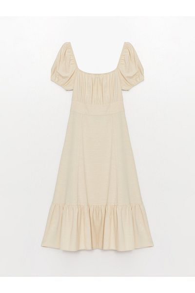 LC Waikiki Gerades, kurzärmliges Damenkleid aus Leinenmischung mit U-Ausschnitt