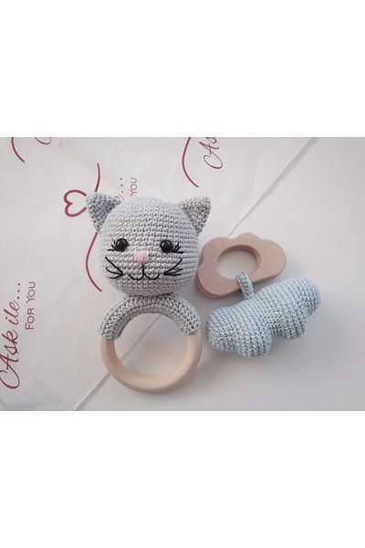 CARMELİNA 2-Piece Knitted Rattle Cat and Cloud, Newborn Toy