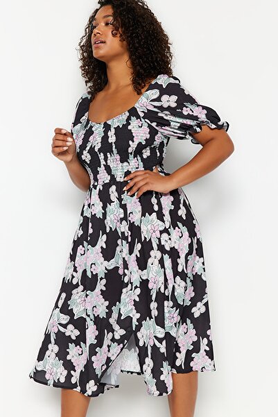Trendyol Curve Vícebarevné tkané šaty s květinovým vzorem TBBSS23AH00213