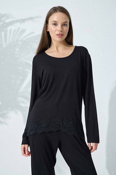 Siyah İnci Viscose Black Pajama Set - Lace Detailed