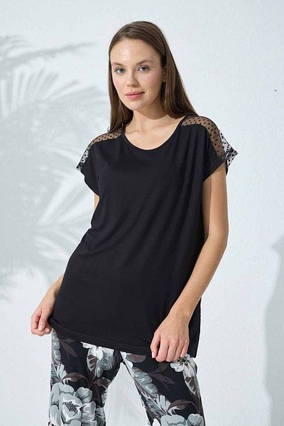 Siyah İnci Black Patterned Tulle Detailed Viscose Pajama Set