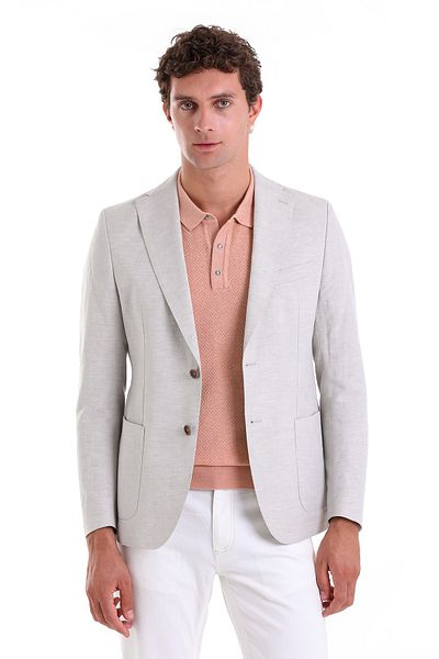 Hatemoğlu Gray Slim Fit Plain Mono Collar Casual Linen Jacket