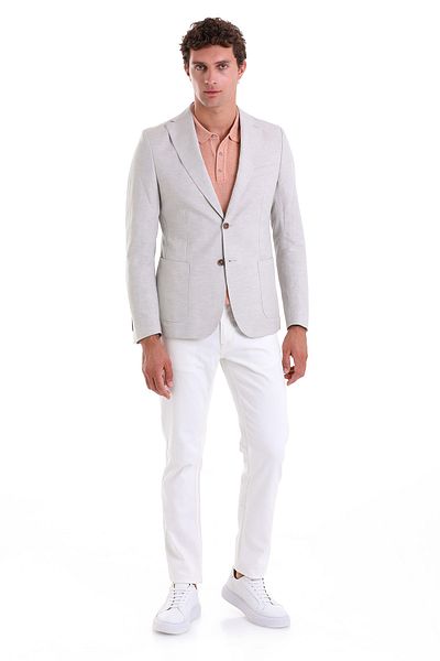 Hatemoğlu Gray Slim Fit Plain Mono Collar Casual Linen Jacket