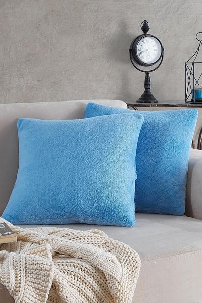 MaisonArt canapea | 2 Piese Husa De Perna Culoarea Albastra Welsoft Husa De Perna 44x44 Cm