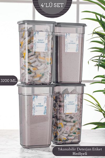 Meleni Home Ορθογώνιο δοχείο αποθήκευσης Clov Mega Size 4 τεμαχίων με ετικέτες - Κουτί αποθήκευσης απορρυπαντικού σκόνης και ταμπλέτας 3,2 Lt