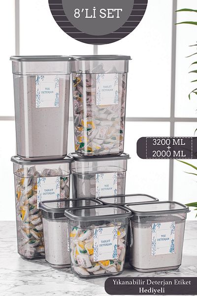 Meleni Home 8 τεμάχια Clov Mega Labeled Powder and Tablet Detergent Storage Container Ορθογώνιο κουτί αποθήκευσης 2 Lt-3,2 Lt