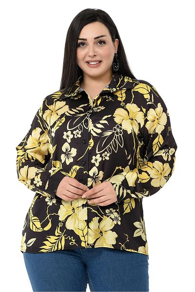 DISENTIS MODEST Cămașă Plus Size din Satin cu flori de muștar pe fundal negru