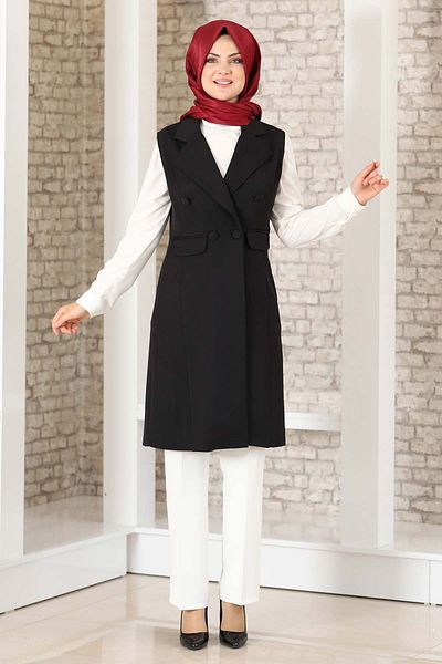Fashion Showcase Γιλέκο με λεπτομέρεια με κουμπί μαύρο - Σχέδιο επίδειξης μόδας - FSC2038