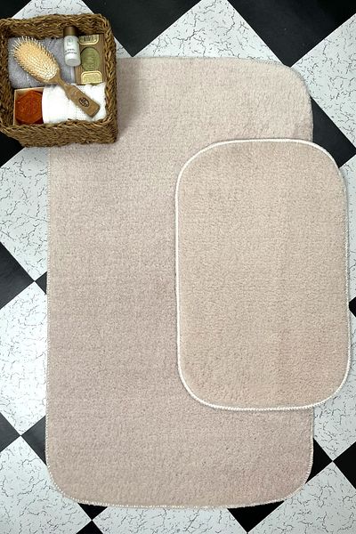 Sarar Beige Bath Mat Set of 2 Soft Plush Furry Non-Slip Base ( 60x100 / 40x60 )