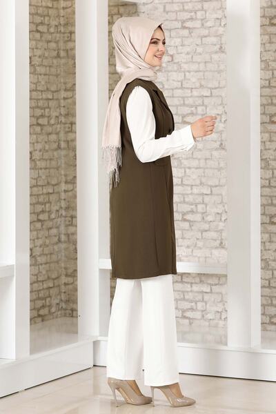 Fashion Showcase Γιλέκο με λεπτομέρεια με κουμπί Χακί - Σχέδιο επίδειξης μόδας - FSC2038