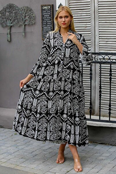 Chiccy Italian Black-Grey Magnificent Collar Ruffle Sleeve Allover Printed Knitted Dress