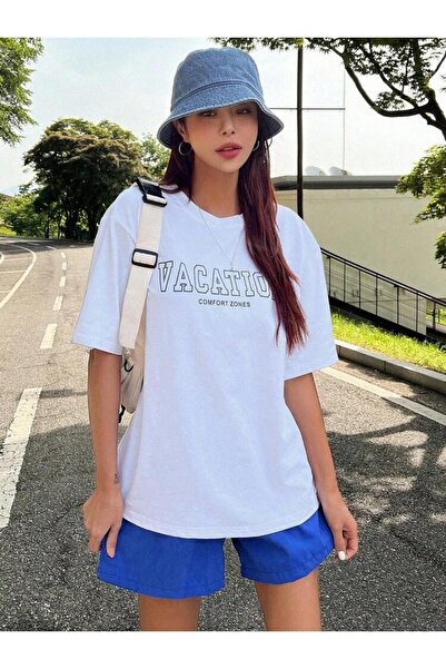 AFROGİYİM Γυναικείο μπλουζάκι Vacation με στάμπα Oversize χτενισμένο βαμβακερό μπλουζάκι