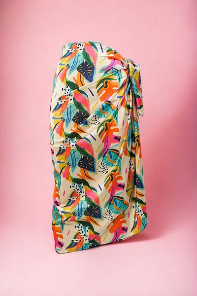 pistore Cream Floral Flower Patterned Long Pareo Satin Women's Beach Dress New Season