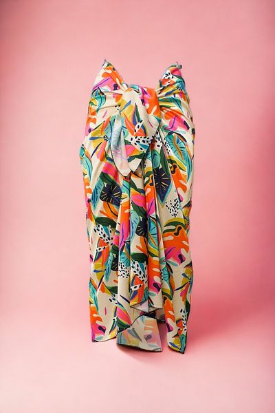 pistore Cream Floral Flower Patterned Long Pareo Satin Women's Beach Dress New Season