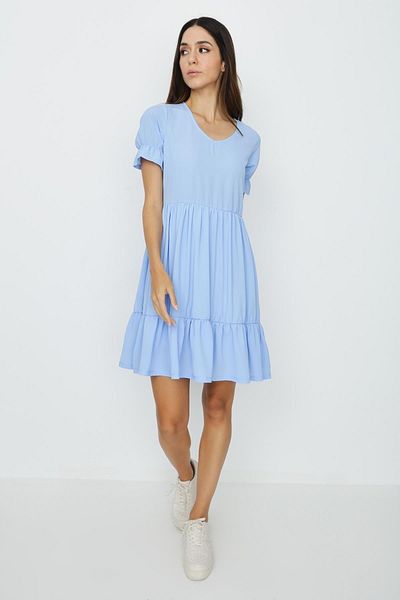 Select Moda Rochie de damă, albastră, cu decolteu în V, cu volane