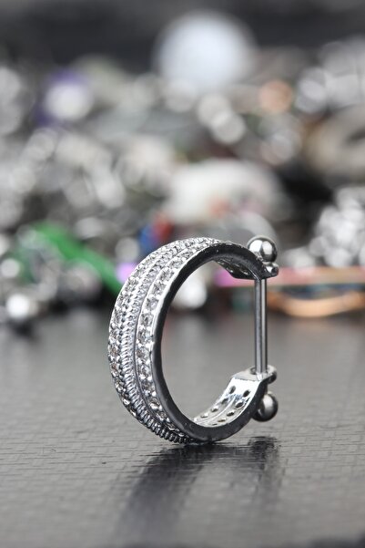depozoom Zirkon Taşlı Çapraz Cerrahi Çelik Halka Piercing