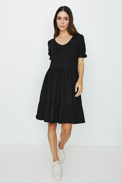 Select Moda Women's Black V-Neck Ruffle Detailed Flounce Dress
