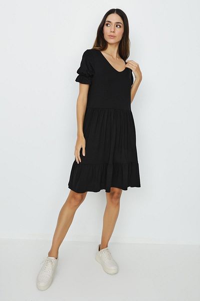Select Moda Women's Black V-Neck Ruffle Detailed Flounce Dress