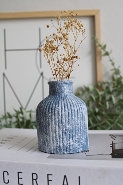 Genel Markalar Mavi Mermer Desenli Çizgili Vazo Pampas Vazosu