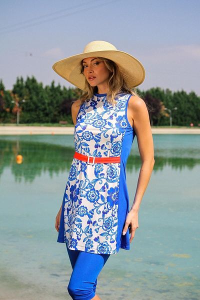 Marina Rivamera 2-Piece Navy Blue Floral Patterned Belted Half Covered Hijab Dress Swimsuit R2202
