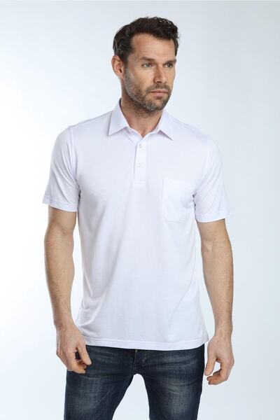 Çizgi Triko Ανδρικό πουκάμισο με γιακά μπλουζάκι μονόχρωμο λευκό χρώμα casual με λεπτομέρεια τσέπης