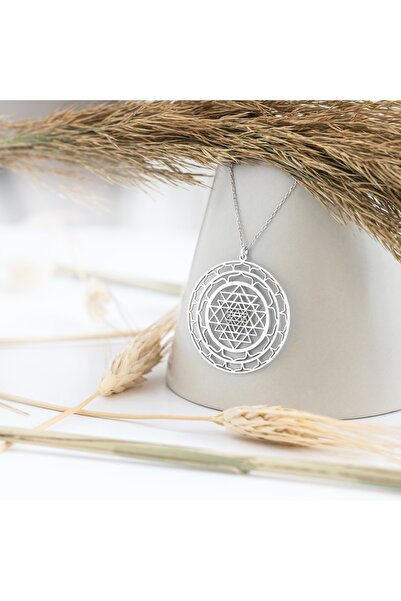 Dkmn Silver Yuvarlak Spiral Sri Yantra Sembol Gümüş Kolye