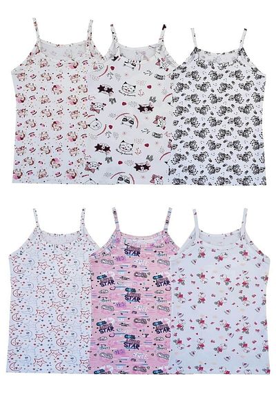ÇamaşırcımShop Thin Strap Elastane Patterned Printed Girl's Undershirt Pack of 6