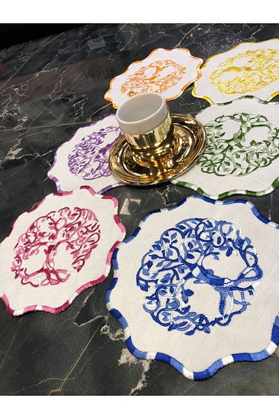 Teksev Șervețel de prezentare pentru cocktail, cafea, multicolor, 6 bucăți, broderie cu glazură de lucru Maras, bol de prezentare brodat cu gardenie