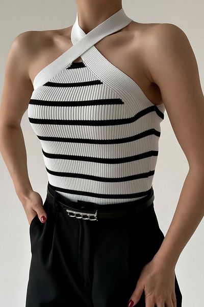 Loopy Pearl Striped Cross Strap Undershirt - White-Black