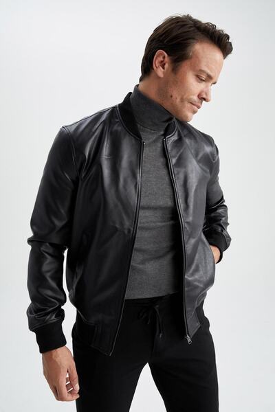 DeFacto Slim Fit Kolej Yaka Bomber Suni Deri Mont