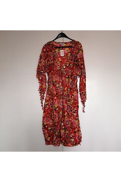 Manya Authentic cotton cheesecloth red multicolor floral sequins sequin embroidery belted lace-up kaftan pareo Indian