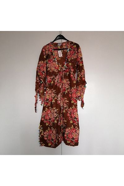 Manya Authentic cotton coffee multicolor floral sequins with sequins embroidery belted lace-up kaftan pareo Indian
