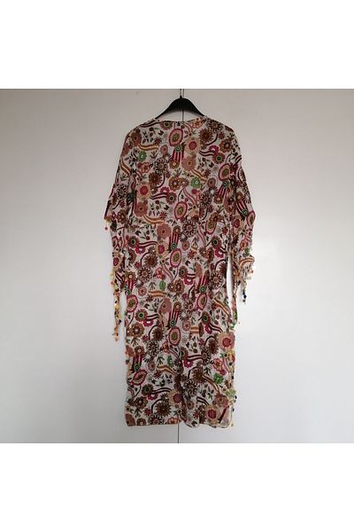 Manya Authentic cotton cheesecloth bone multicolor patterned sequin embroidery belted lace-up kaftan pareo Indian