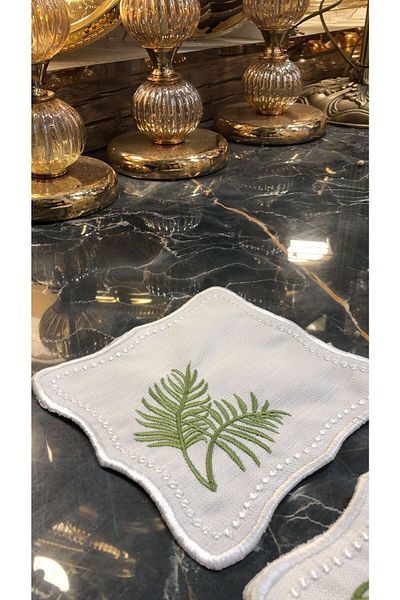 Teksev Miami Green 6-Piece Cocktail Coffee Presentation Napkin Maraş Handwork Glazing Embroidery Embroidered Gardenia Presentation Bowl